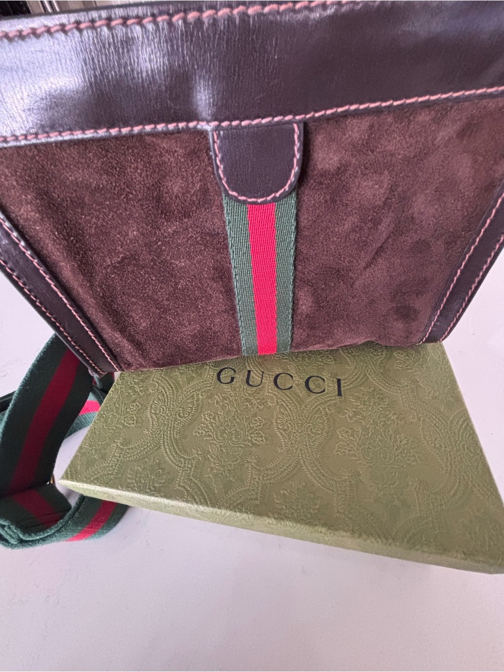 Gucci Brown Suede Shoulder Bag with Green and Red Web